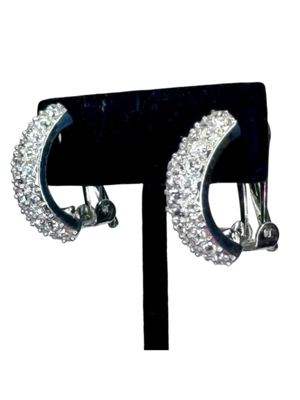 Vintage Rhinestone Pave Clip On Earrings Huggie Silver Tone Signed Roman - Picture 4 of 9